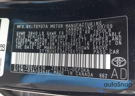 2010 Toyota Corolla Le из США, поврежденный, VIN 2T1BU4EE0AC265128